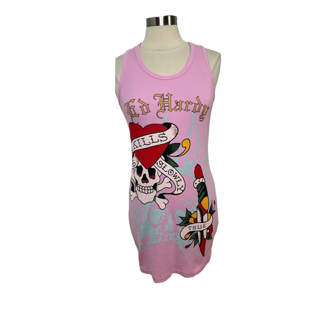 Ed Hardy Flash Rib Tank Dress XL Pink All Over Print Tattoo Stretch Y2K